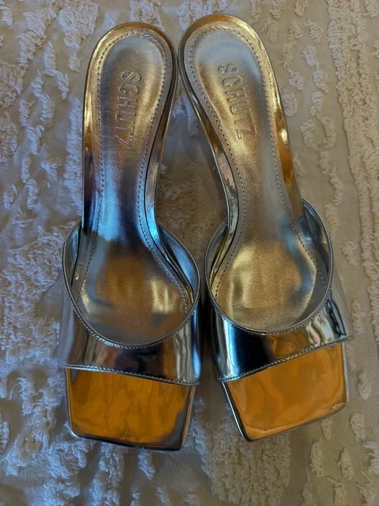 SCHUTZ Metallic Silver Open-Toe Slide Heels #601 - Picture 3 of 7
